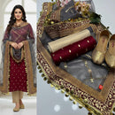 Double Border Unstich Heavy Embroidered Grey Mehroon
