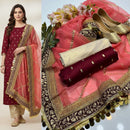 Double Border Unstich Heavy Embroidered T Pink Mehroon