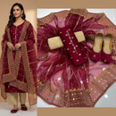 Unstich Full Heavy Embroidered Mehroon